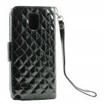 Wholesale Samsung Galaxy Note 4 Glossy Quilted Flip Leather Wallet Case w Stand and Strap (Black)